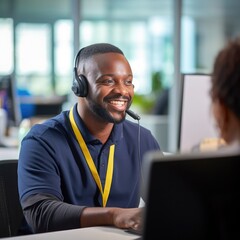 Naklejka premium A man legal intake specialist talking with a claimant over the phone in a call center