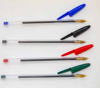 ballpoint pens in different colors. Old and traditional pens.