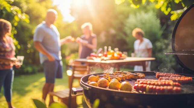 A photo of a family and friends having a picnic barbeque grill in the garden. 