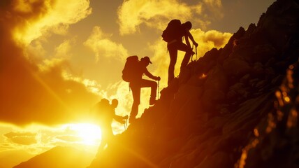 A group of climbers in silhouette work together to ascend a rugged mountain face against the vibrant backdrop of a setting sun.