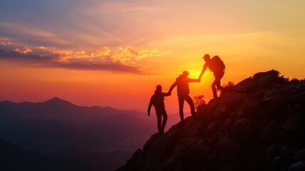 Obraz premium Silhouetted climbers collaborate as a team to conquer a challenging mountain slope, set against the striking sunset scenery, highlighting the importance of teamwork.