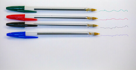 ballpoint pens in different colors. Old and traditional pens.