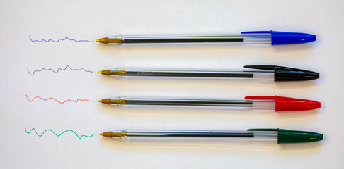 ballpoint pens in different colors. Old and traditional pens.