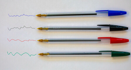 ballpoint pens in different colors. Old and traditional pens.