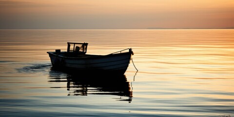 A small white boat facing the sea, silhouette photography, Expressionism, 32K, hyper quality 