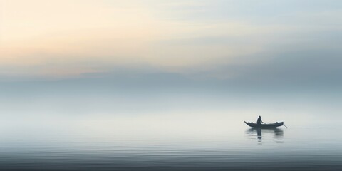 A solitary rowboat on a calm lake, with ripples emanating from its path. In the boat, - obrazy, fototapety, plakaty