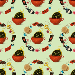 Bright fantasy print with decorative pattern and with cup and clock and elements of Wonderland. 