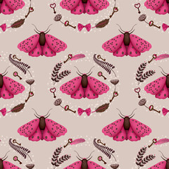 Bright fantasy print with decorative pattern and pink butterfly. 