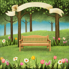 Spring illustration for a postcard or poster with a green park, flowers and a bench. 