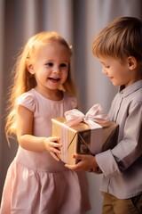 Cheerful little boy presenting a gift to a girl in sunny studio for Birthday, Christmas, women's day or New Year