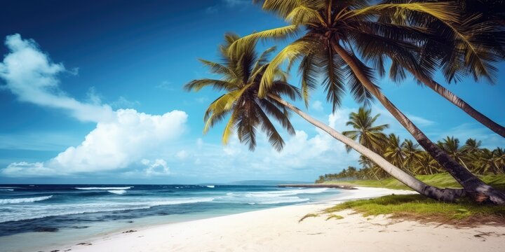 A tropical beach with palm trees on the beach stock photo, in the style of uhd image, 