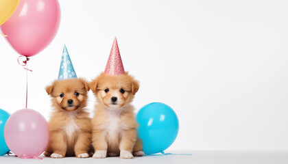 Fototapeta na wymiar Two puppys wearing birthday party hat. Dogs sitting with balloons on white background with copy space