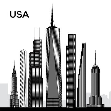 Iconic skyline silhouette captures the majesty of USA's tallest buildings: One World Trade Center, Central Park Tower, Willis Tower, 432 Park Avenue, and 111 West 57th Street.