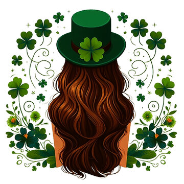 St patrick  Lucky Girl back View long brown hair style with Clover . generative ai