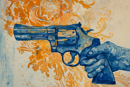 watercolor painting of a hand holding a gun surrounded by roses