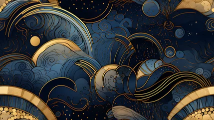 Peel and stick wallpaper Fractal waves abstract art in rich dark blue, silver and gold colors - Seamless tile. Endless and repeat print.
