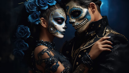 Beautiful couple in make-up hugging for the Day of the Dead in Mexico