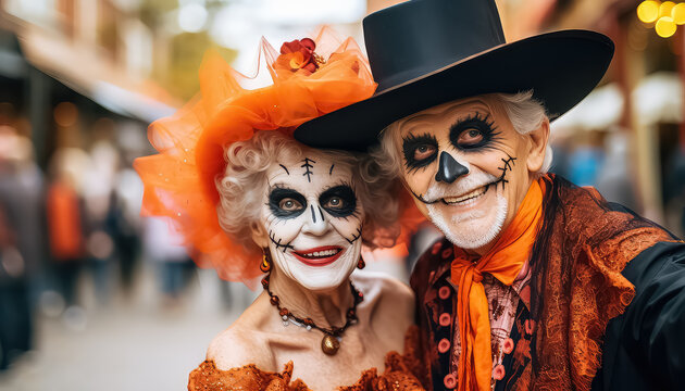 An elderly couple takes a selfie for the Day of the Dead in Mexico
