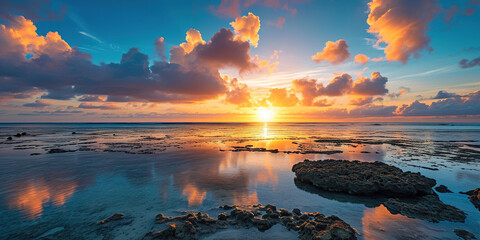 Great Barrier Reef on the coast of Queensland, Australia rocky beach seascape. Rocks and pebbles, purple and orange golden hour sunset evening sky horizon sea wallpaper background
