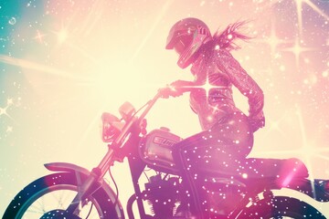cool portrait of a fashion girl  on motorbike, 1980s aesthetics, sparkling and shining pink glitter background style