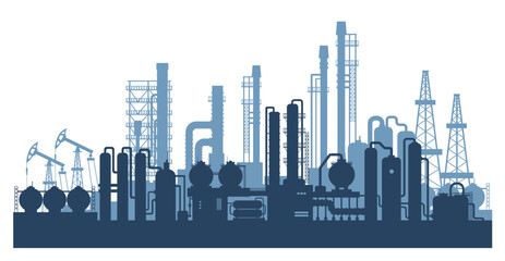 Fototapeta na wymiar Industrial factories silhouette background. Oil refinery complex with pipes and tanks gas production.