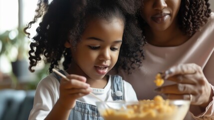 Little girl with mother, practicing spelling words over morning cereal. - obrazy, fototapety, plakaty