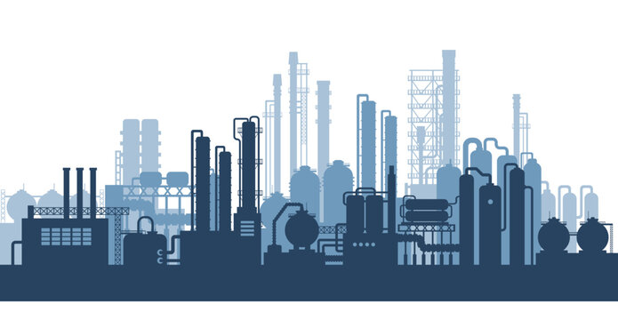 Industrial factories silhouette background. Oil refinery complex with pipes and tanks gas production.
