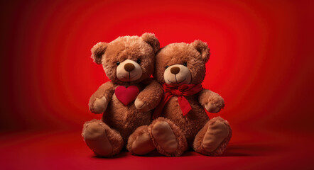 two brown teddy bears are wearing red bowties against a red background