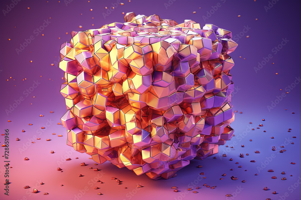 Poster Ethereal geometric sculpture with a cube shape. Shiny crystal cube structure with vibrant colors in vaporwave and y2k style