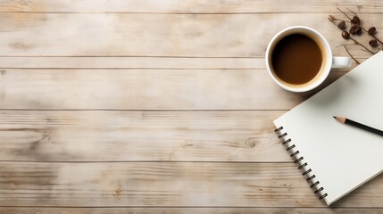 A blank White notebook and a cup of coffee on wooden background - obrazy, fototapety, plakaty