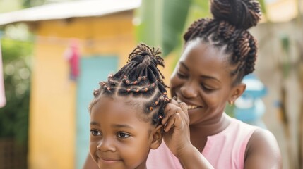 Mother braiding her daughter's hair, ready for a new school day. - obrazy, fototapety, plakaty