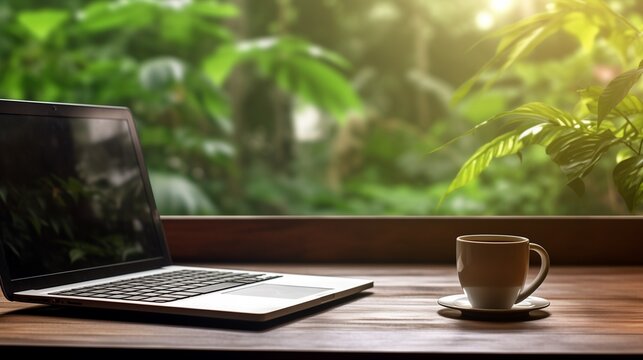 computer laptop on working desk  with a cup of coffee an plant place near window with natural view