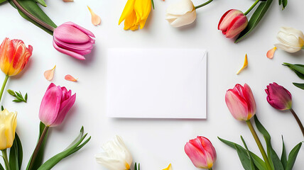 Mockup of invitation or greeting card in tulips with place for text. Banner for March 8, birthday, Easter. Template for spring discounts and promotions. Gift certificate mockup.