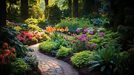 Fototapeta na wymiar Perennial Plants garden. Enchanting Path Through Perennial Garden