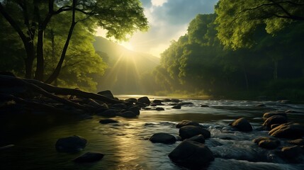 A natural view of forest and river with mountain background in the morning with sun ray