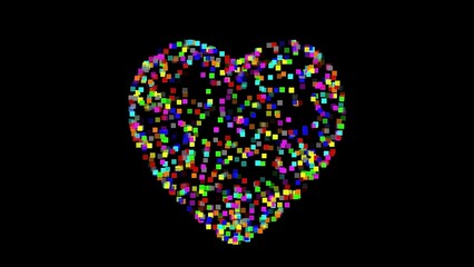 Beautiful illustration of heart shape with colorful pixel particles on plain black background