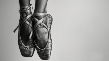 Ballerina feet, classic ballet, in ballet shoes.  Black black pencil artistic drawing, on white background. Ai generative.
