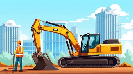 Excavator Worker. Worker with bulldozer on site construction. Man excavator worker.