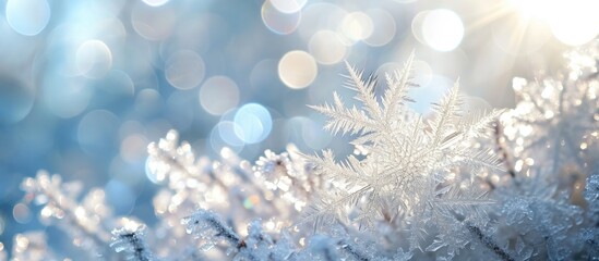 Fototapeta na wymiar Glistening ice crystal in snowy bokeh background, perfect for Christmas greeting card.