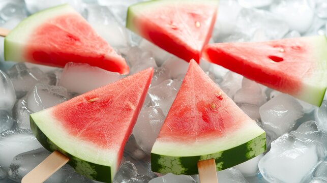 Refreshing triangular natural watermelon popsicles for beachside fun. Refreshing watermelon popsicles on a delicious note for sunny days. Natural popsicles with ice.