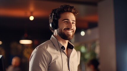 Fototapeta premium The customer service representative answered the phone with a smile and focused on solving the user's problem,