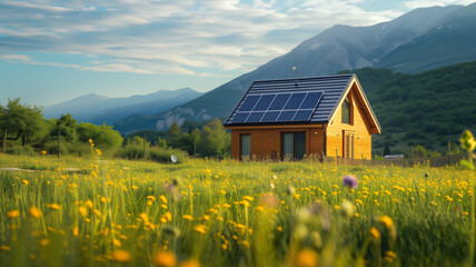 a small house with solar panels. meadows and wildflowers. mountain background