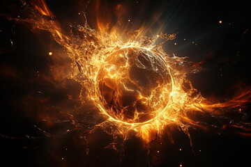 Burning, fiery globe surrounded by sparks and flying debris.