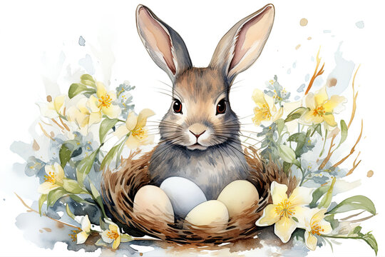 Watercolor illustration of serene springtime delightful bunny surrounded by pastel Easter eggs and gentle white blossoms, symbolizing rebirth and celebration
