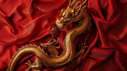 Elegant golden dragon sculpture entwined on luxurious red silk fabric with embroidered traditional patterns.