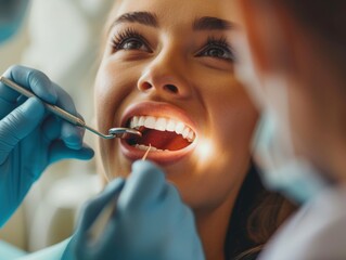 Photo of a young girl with a snow-white smile at a dentist appointment. Girl on the dental chair. A girl with a beautiful smile at a dentist appointment. - obrazy, fototapety, plakaty