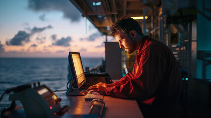 A focused marine engineer in safety gear works on navigation equipment aboard a vessel during a tranquil sunset.