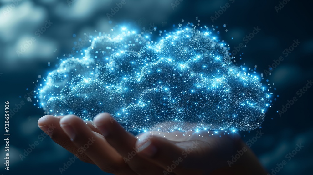 Fototapete A businessman touches an icon that represents cloud computing. Cloud computing is a type of computing where data is transferred via the cloud and stored remotely. Business networks have confidential