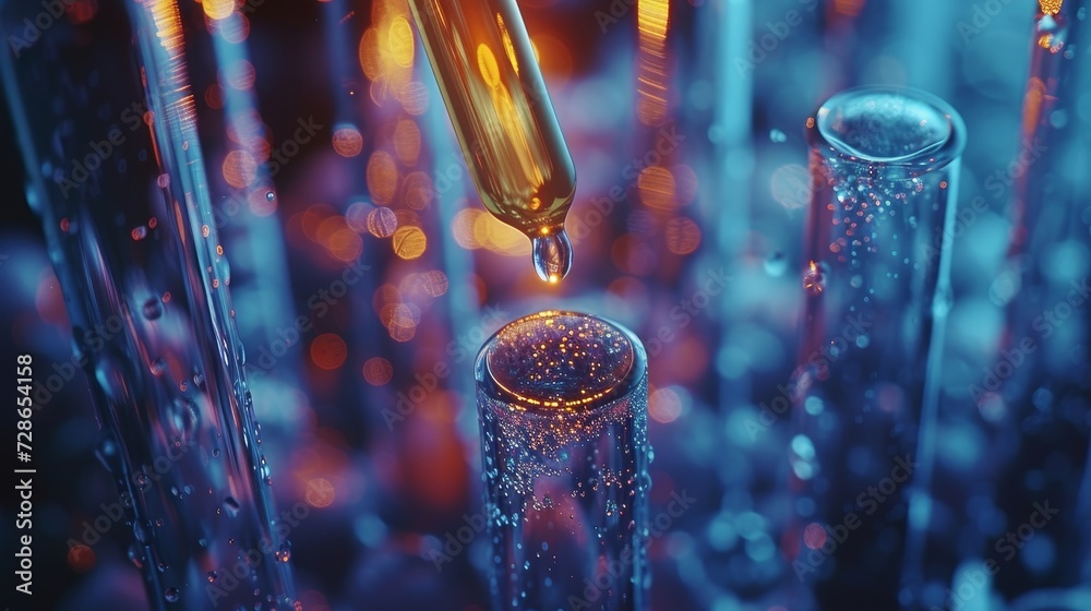Poster In the background is an abstract image of a pipette filling several test tubes with fluid.