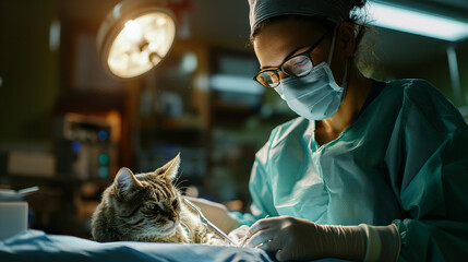 A veterinarian in surgical attire is carefully treating a cat in a veterinary clinic, showcasing the importance of pet healthcare.